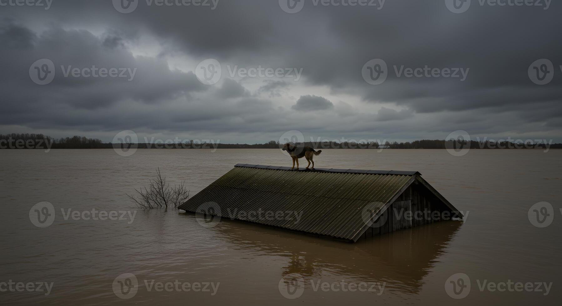 Dog on Flooded Roof Resilience Amidst Stormy Skies and Rising Waters photo