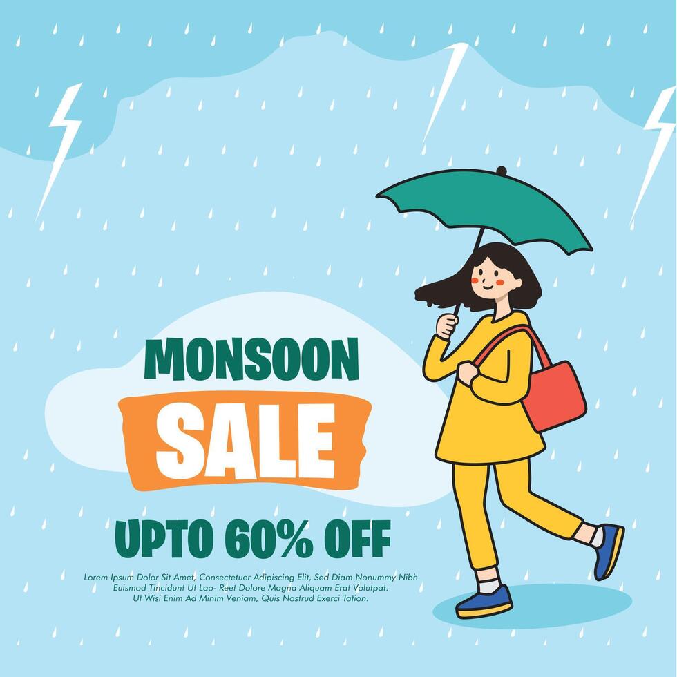 Monsoon Sale Up to 60 Off banner design Monsoon banner with cartoon woman illustration design with rain and clouds background vector
