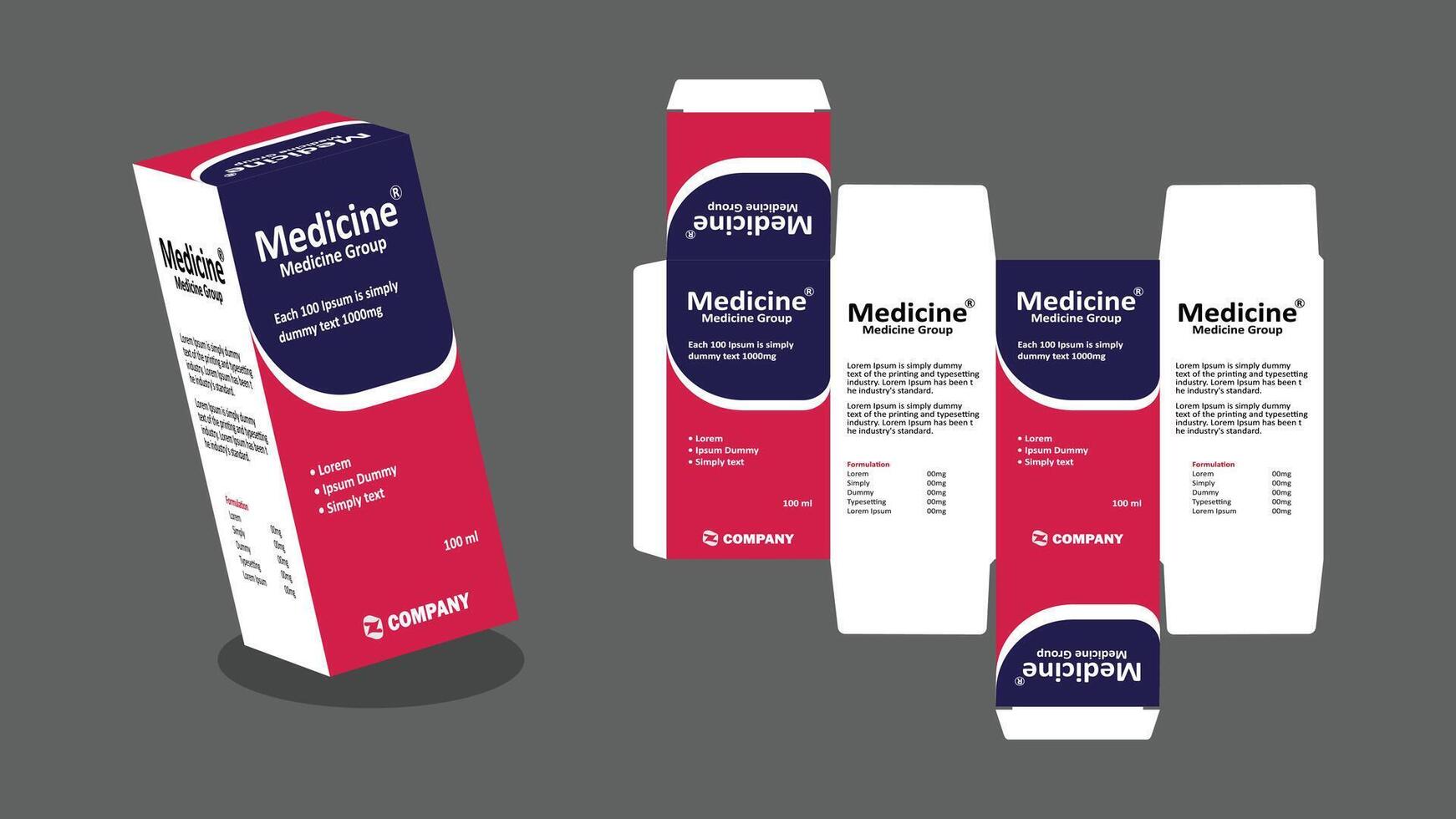 Syrup packaging Box Brand Syrup Medicine Packaging illustration Blue and purple color theme with gray background vector