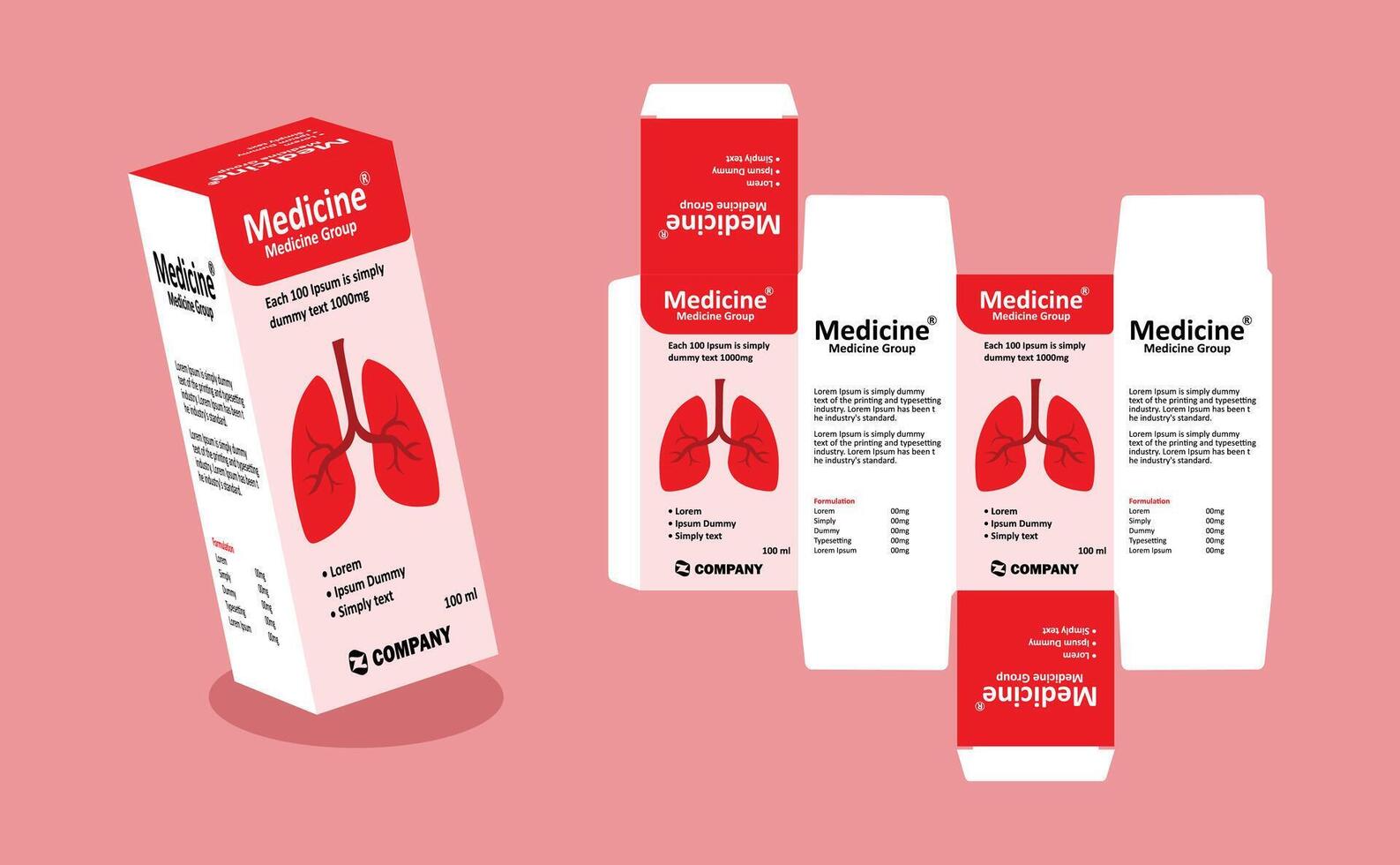 cough syrup packaging Box Brand Medicine Syrup Packaging illustration red and white color theme with pink background vector