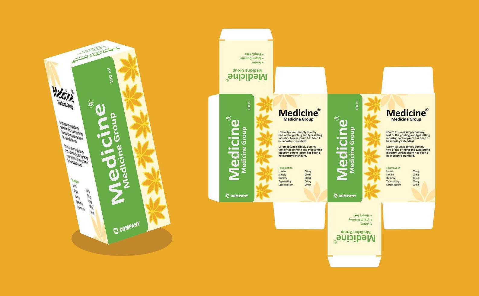 Syrup packaging Box Brand Syrup Medicine Packaging illustration green or white and yellow color with yellow background vector