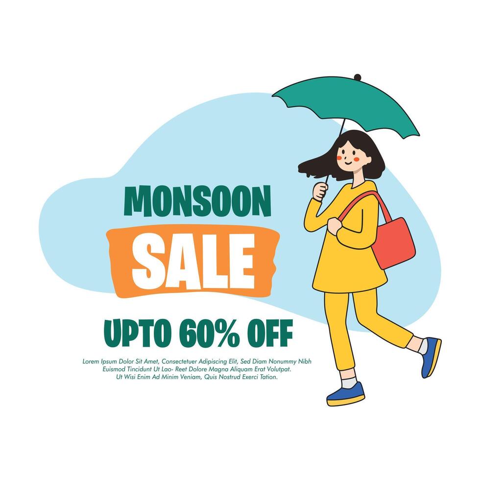 Monsoon Sale Up to 60 Off banner design Monsoon banner with cartoon woman illustration design with white background vector