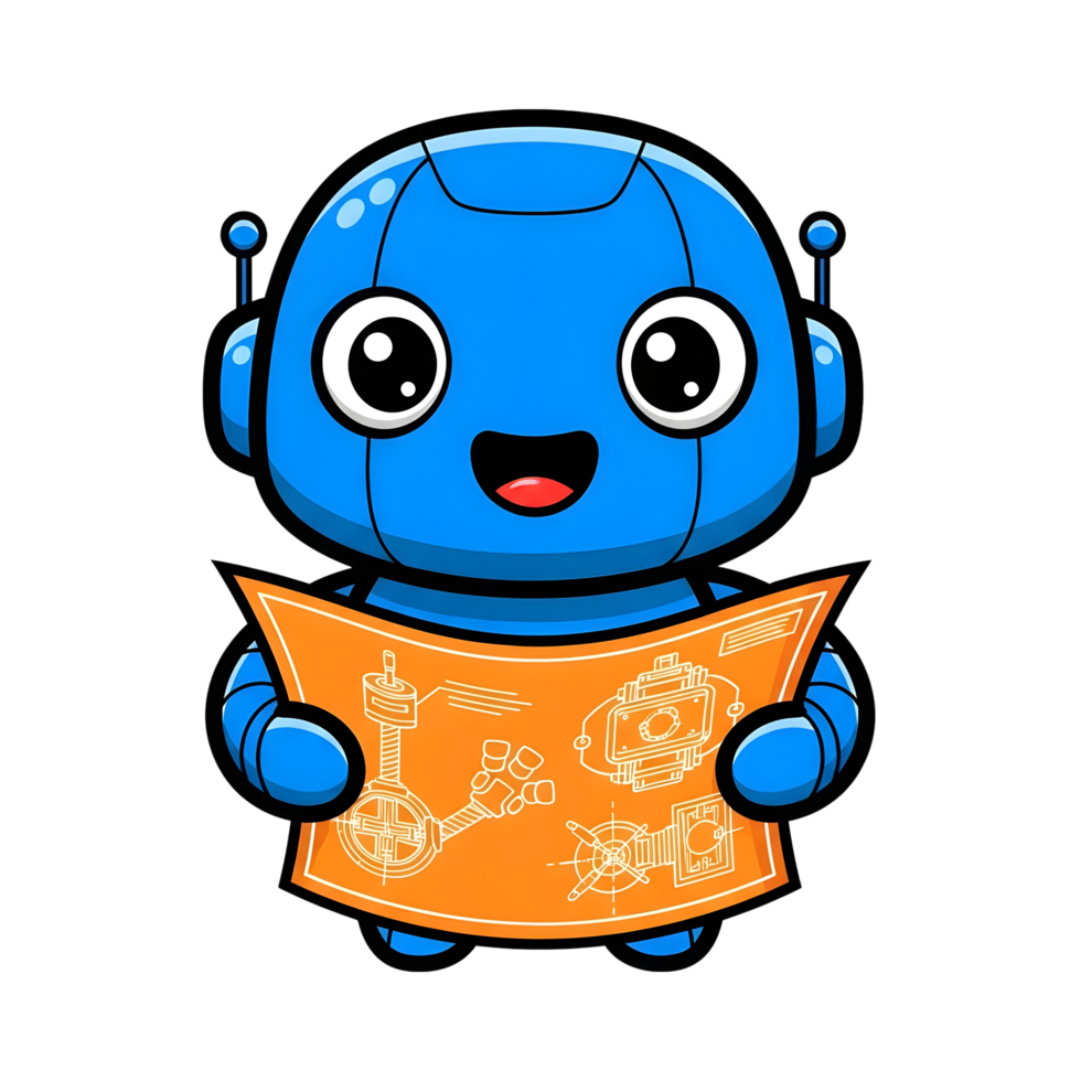 Cute blue robot with spaceship blueprint png