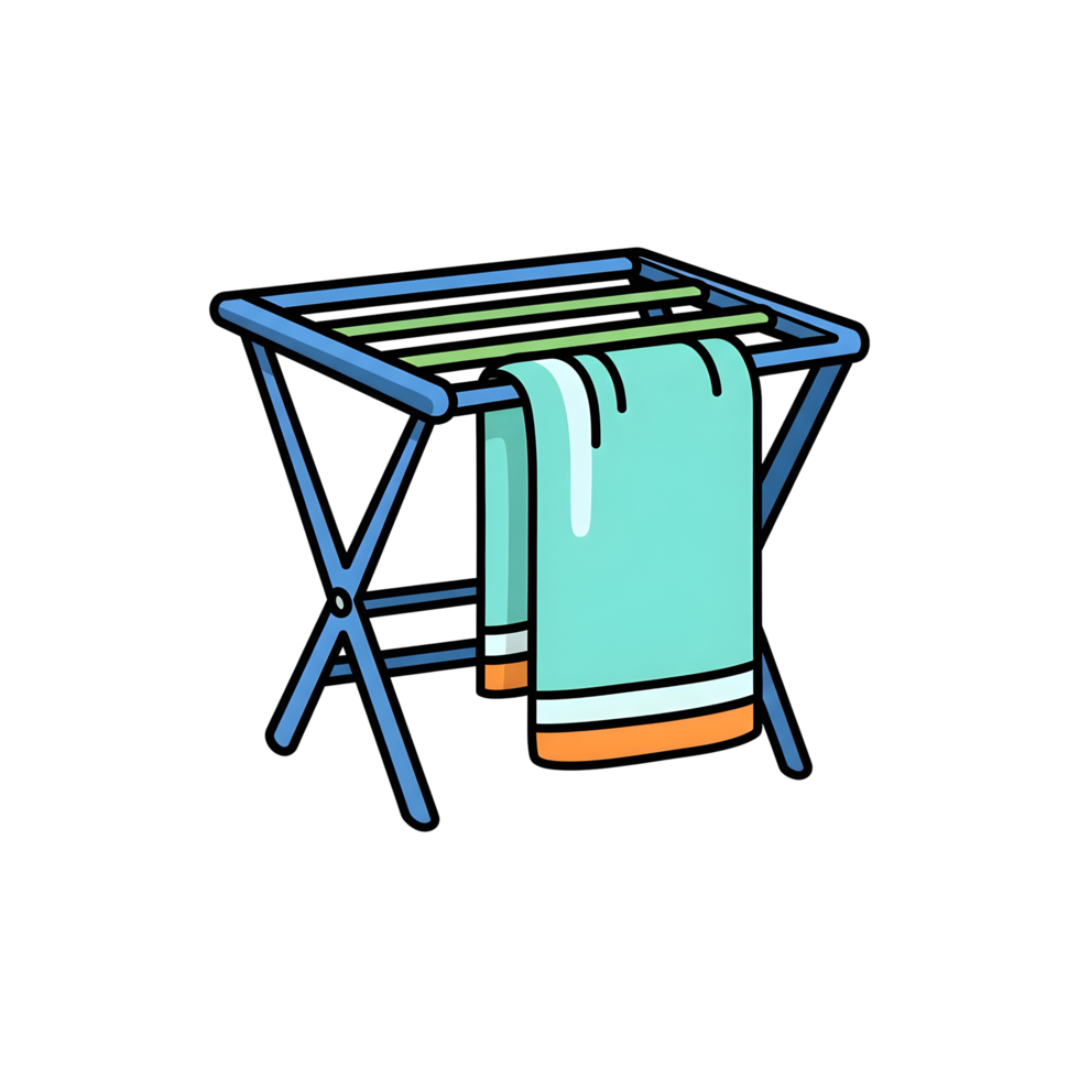 Clothes drying rack with teal towel png
