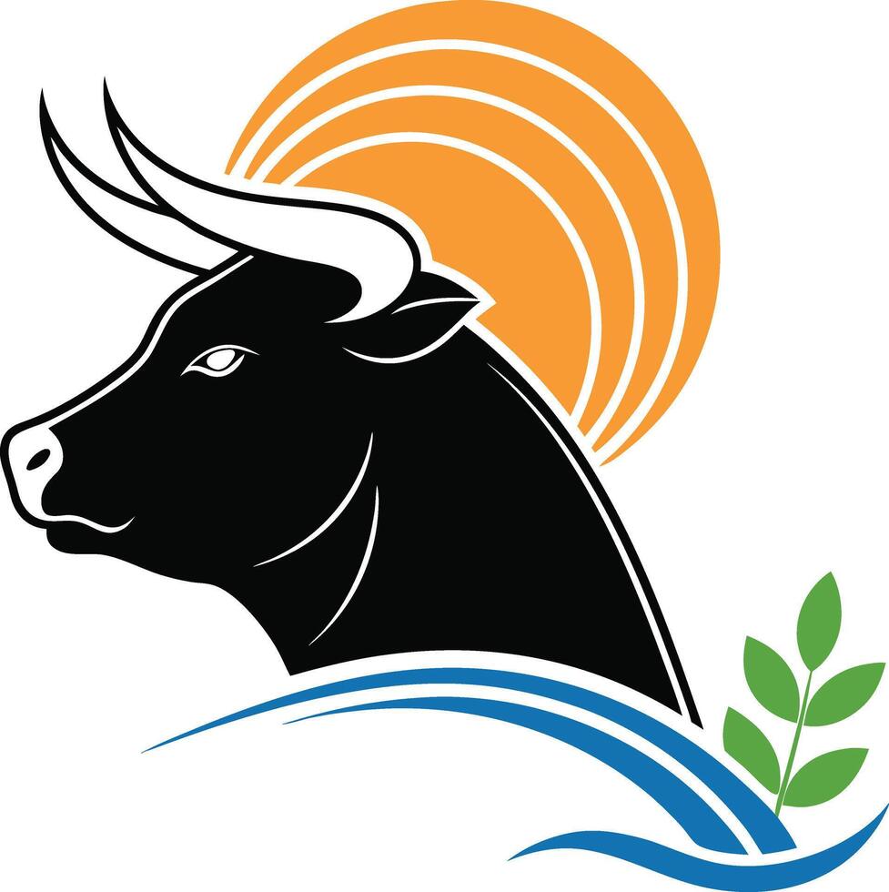 Stylized bull head with sun water and plant elements logo vector