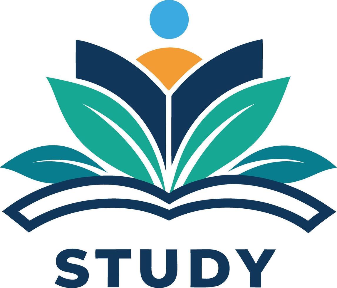 Open book logo with blooming leaves and sun symbolizing education vector