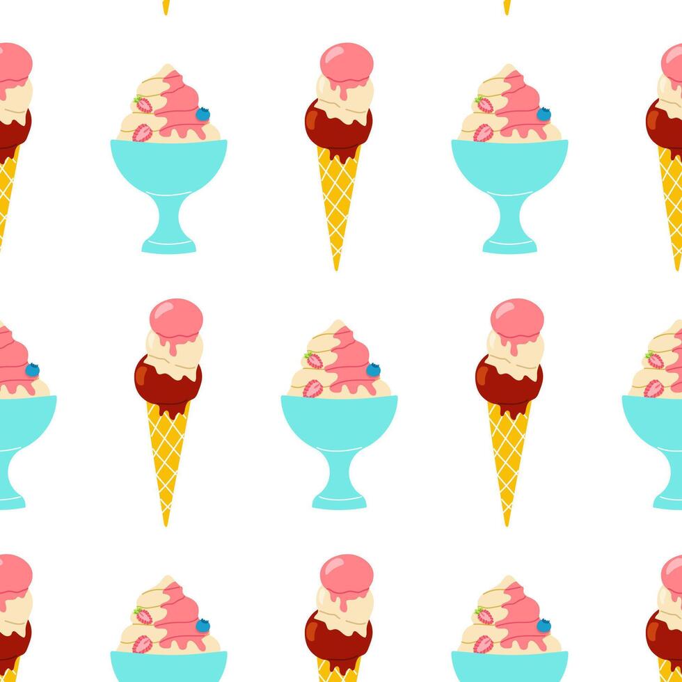 Colorful ice cream patterns featuring cones and bowls with vibrant scoops in bright colors, perfect for summer designs vector