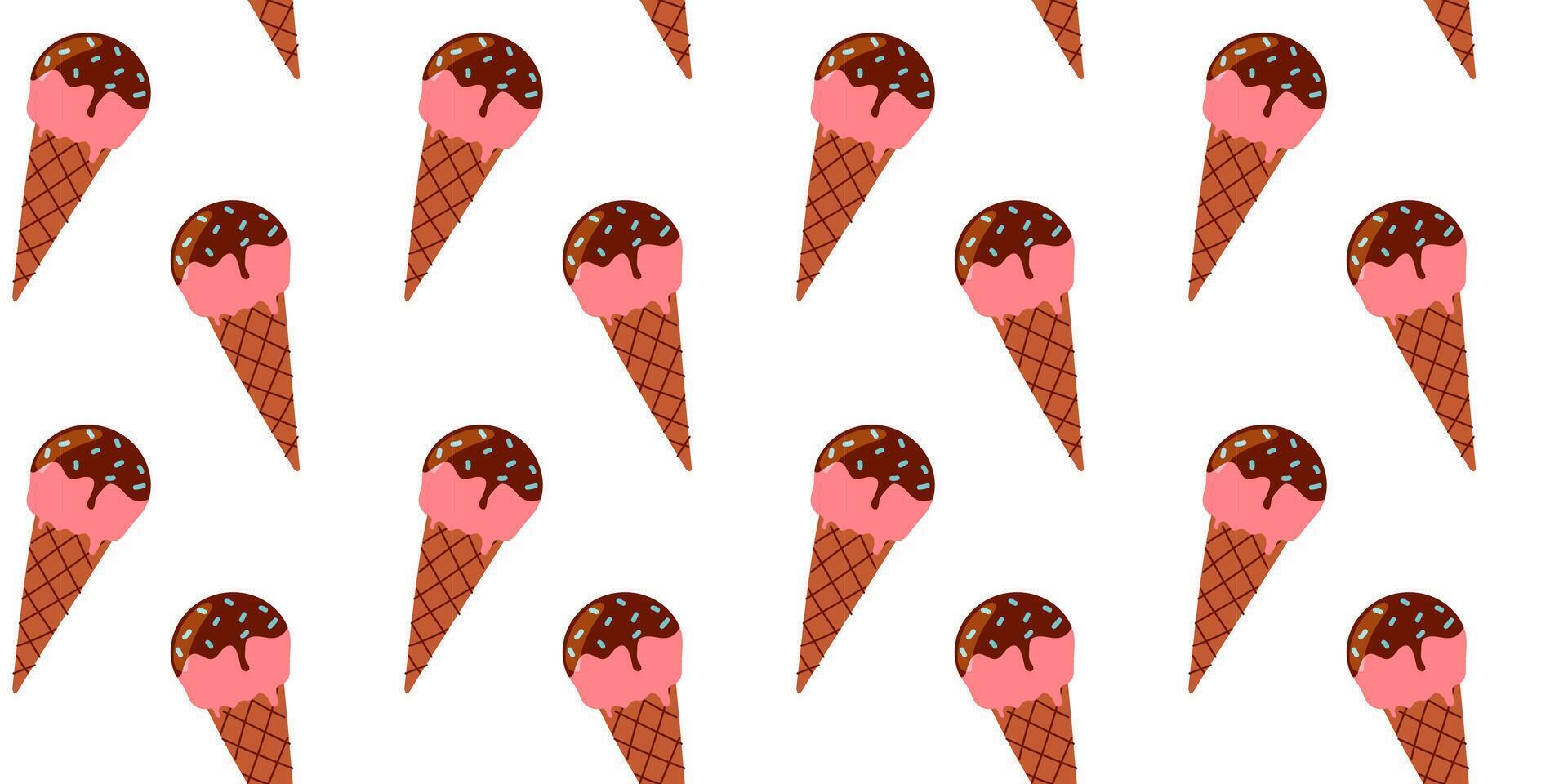 Colorful ice cream cones with chocolate and pink scoops on a white background create a cheerful and fun pattern for summer enjoyment vector