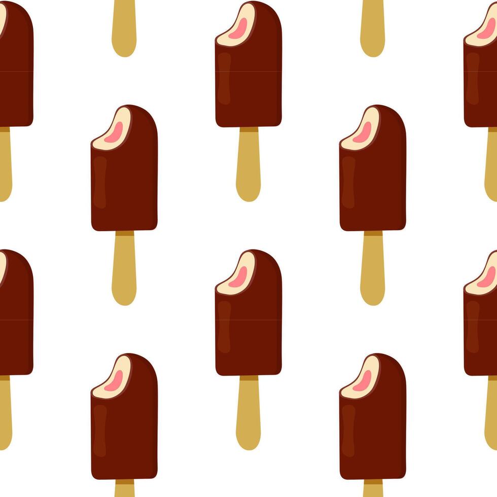 Chocolate-covered ice cream bars with wooden sticks arranged in a vibrant pattern on a white background vector