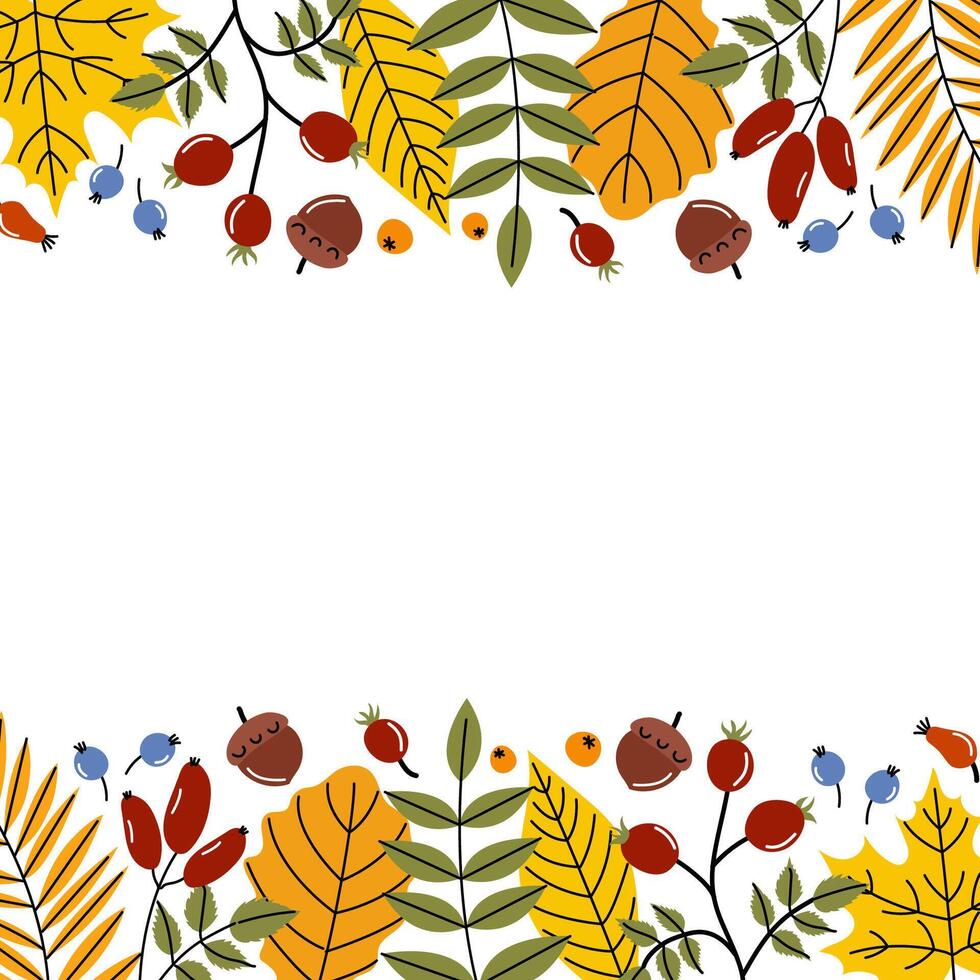 Autumn leaves and berries create a vibrant decorative border for a seasonal celebration or craft project vector