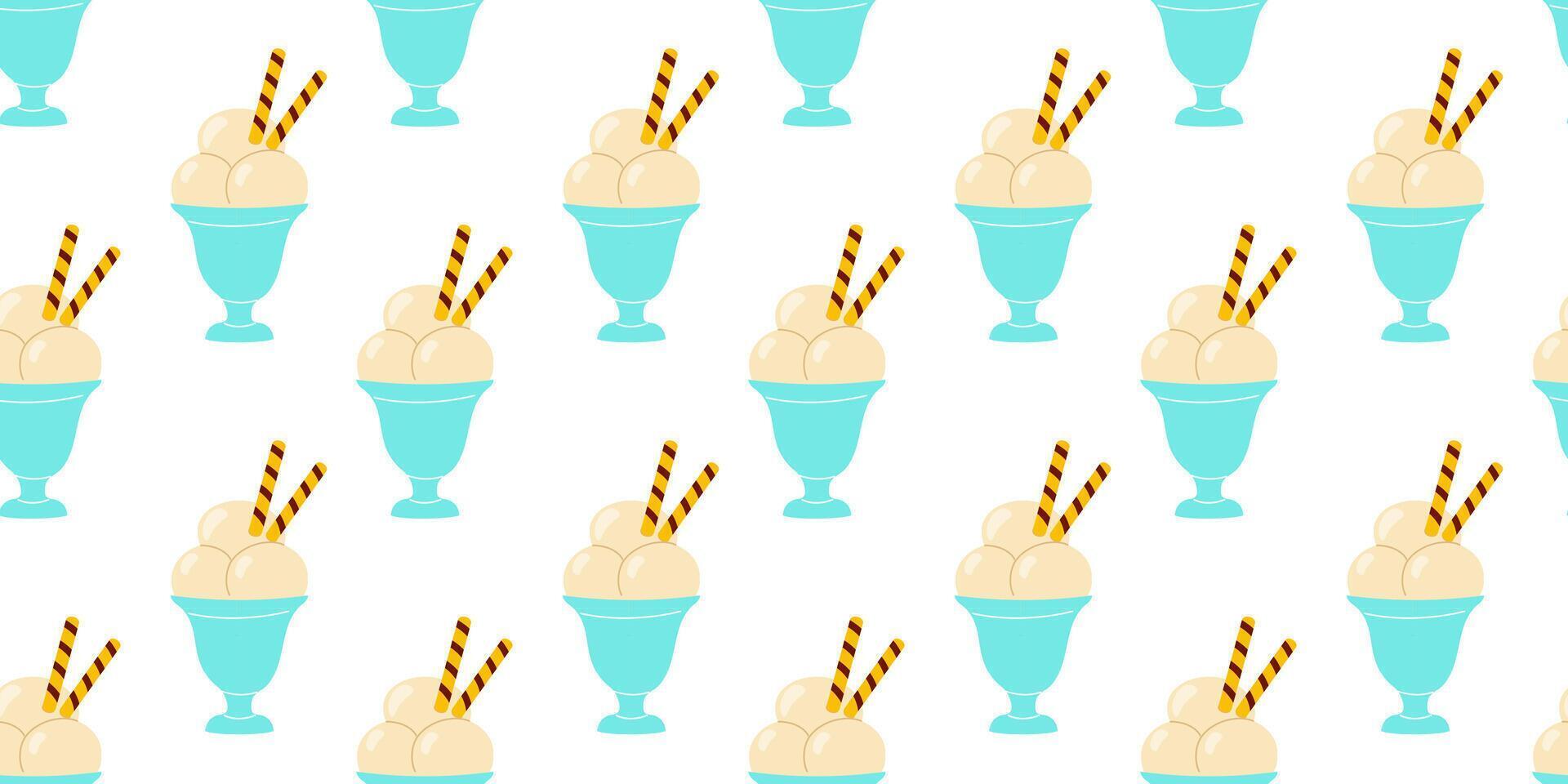 Delicious ice cream in vibrant blue dishes decorated with striped wafers showcases a joyful dessert pattern suitable for summer vector