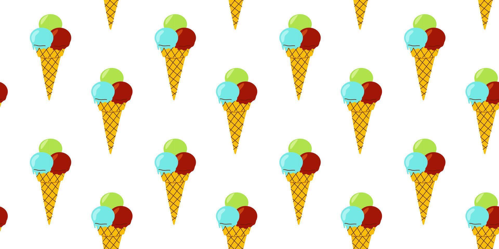 Colorful ice cream cones pattern on a white background creating a fun and vibrant texture for various design projects vector