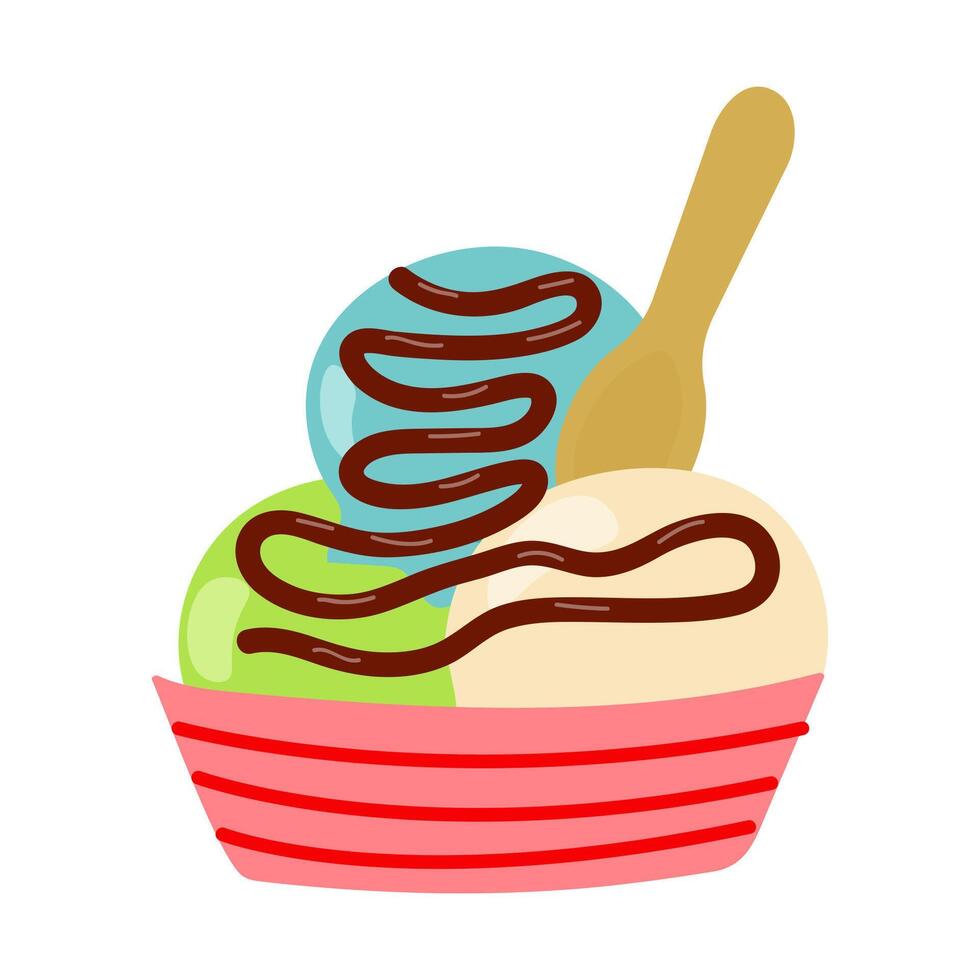 Colorful ice cream dessert served in a red bowl with a wooden spoon for summer enjoyment vector