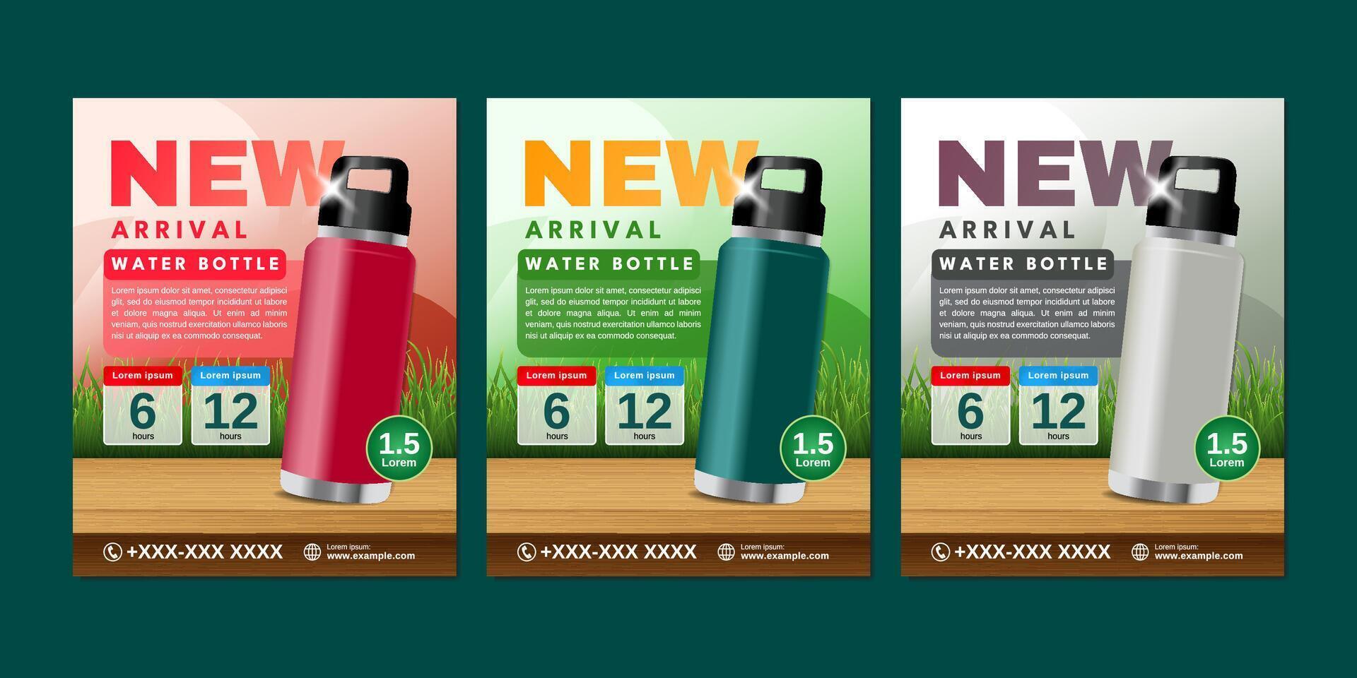 Modern and clean promotional template for new arrival water bottles. Includes product details, icons, and strong CTA. Perfect for product launch visuals and advertising. vector