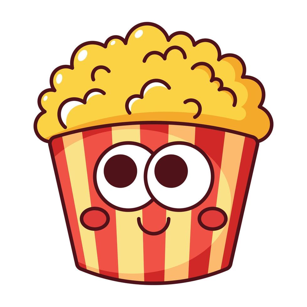 Cute smiling popcorn cartoon icon with red and yellow stripes isolated on white background vector
