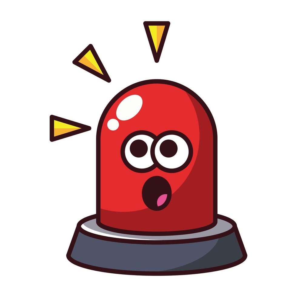 Surprised red cartoon siren character with flashing lights isolated on white background. vector