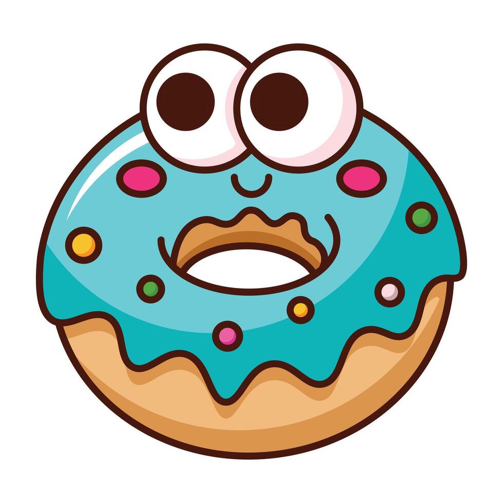 Cute bitten donut with blue glaze and big eyes cartoon isolated on white background. vector