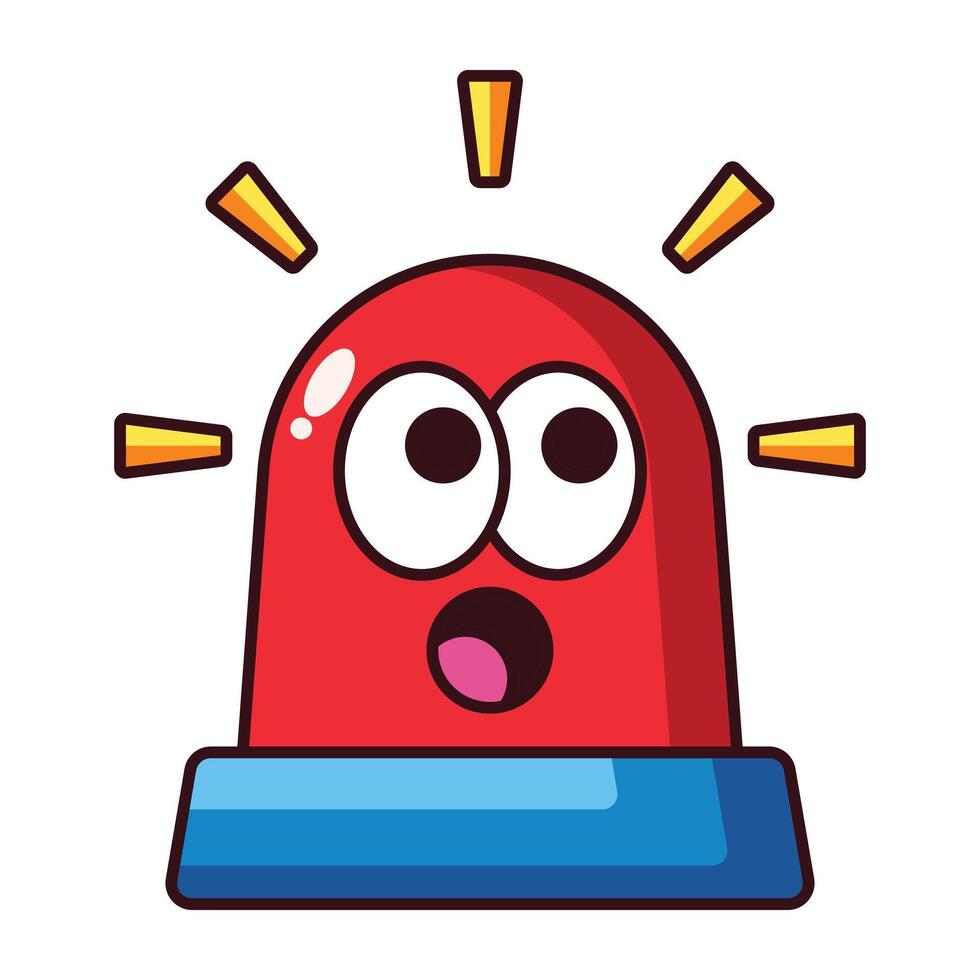 Cartoon red siren alarm with shocked face and flashing lights isolated on white background. vector