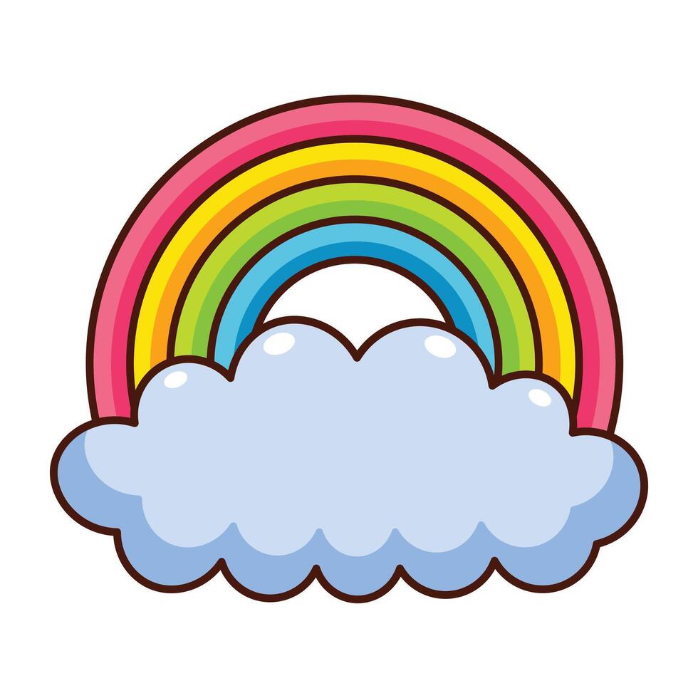 Colorful cartoon rainbow with blue cloud icon isolated on white background vector