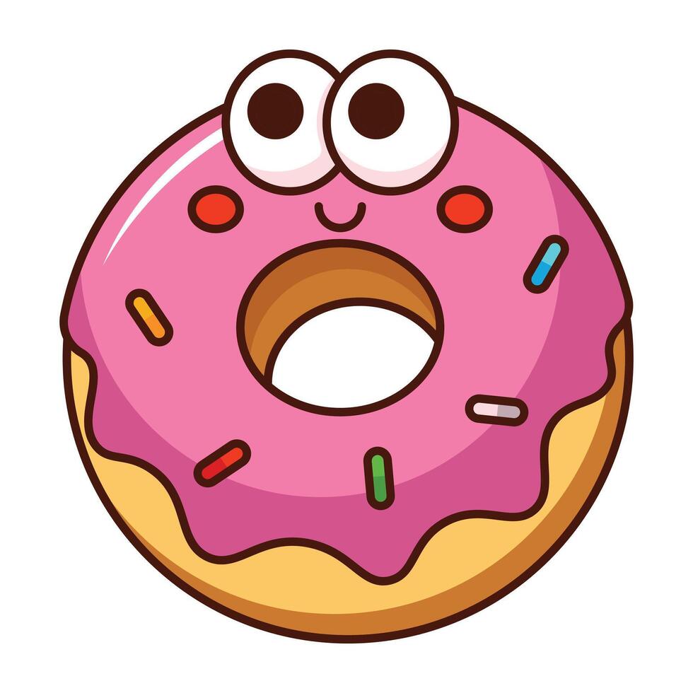 Pink glazed donut with cute face and sprinkles cartoon isolated on white background vector