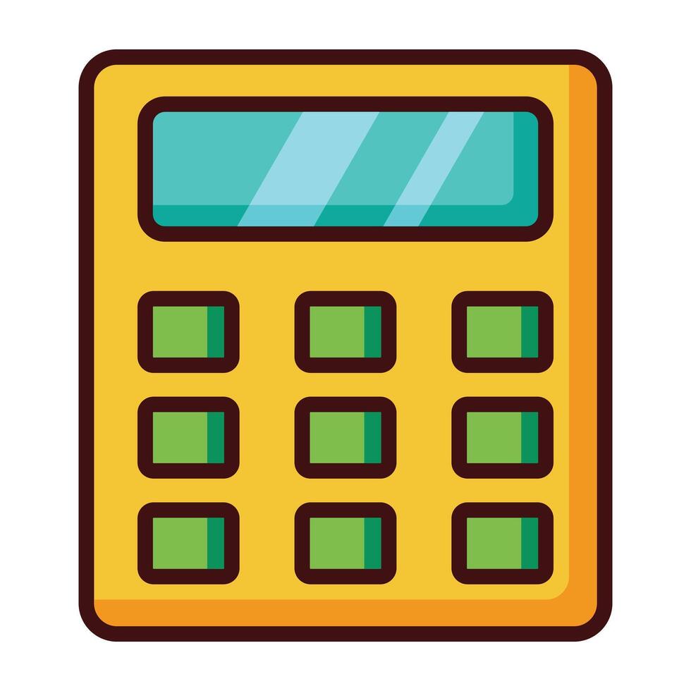 Cute cartoon yellow calculator icon with green buttons isolated on white background. vector