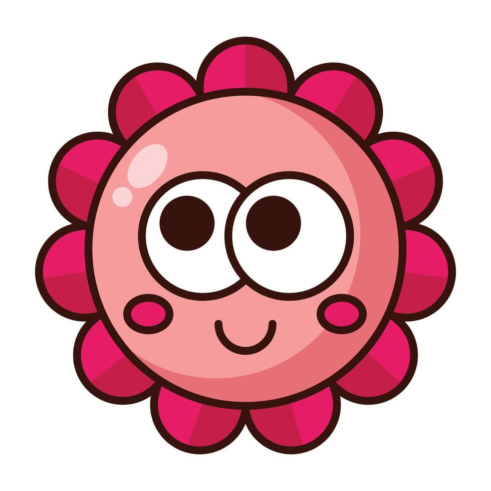 Cute pink flower cartoon face icon with smile and big eyes isolated on white background vector