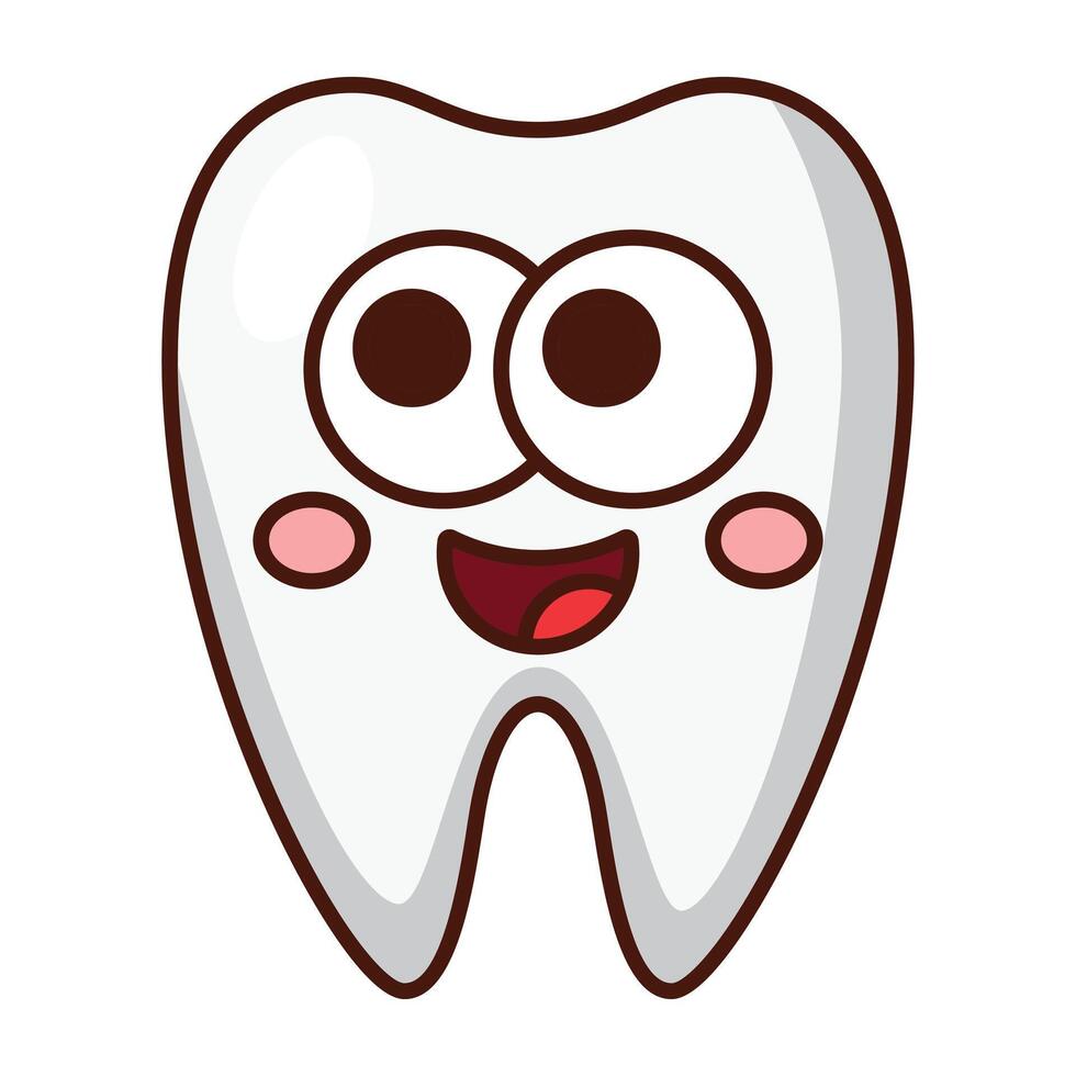 Cute smiling tooth character with big eyes cartoon isolated on white background. vector