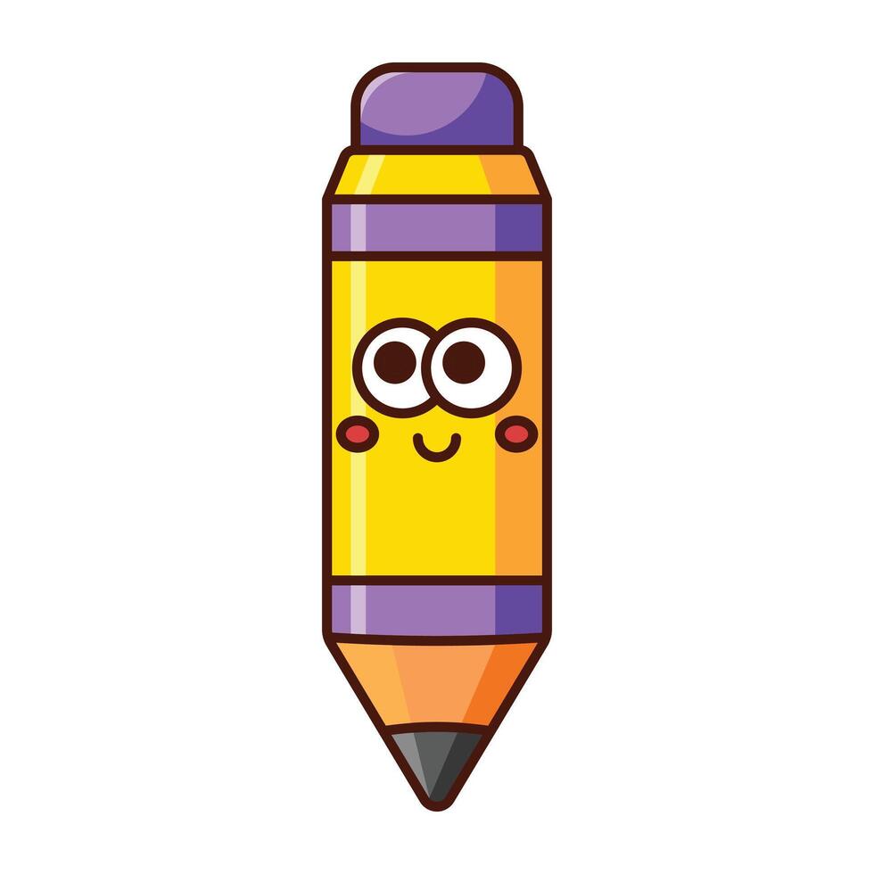 Cute smiling pencil cartoon icon with yellow body and purple eraser isolated on white background vector