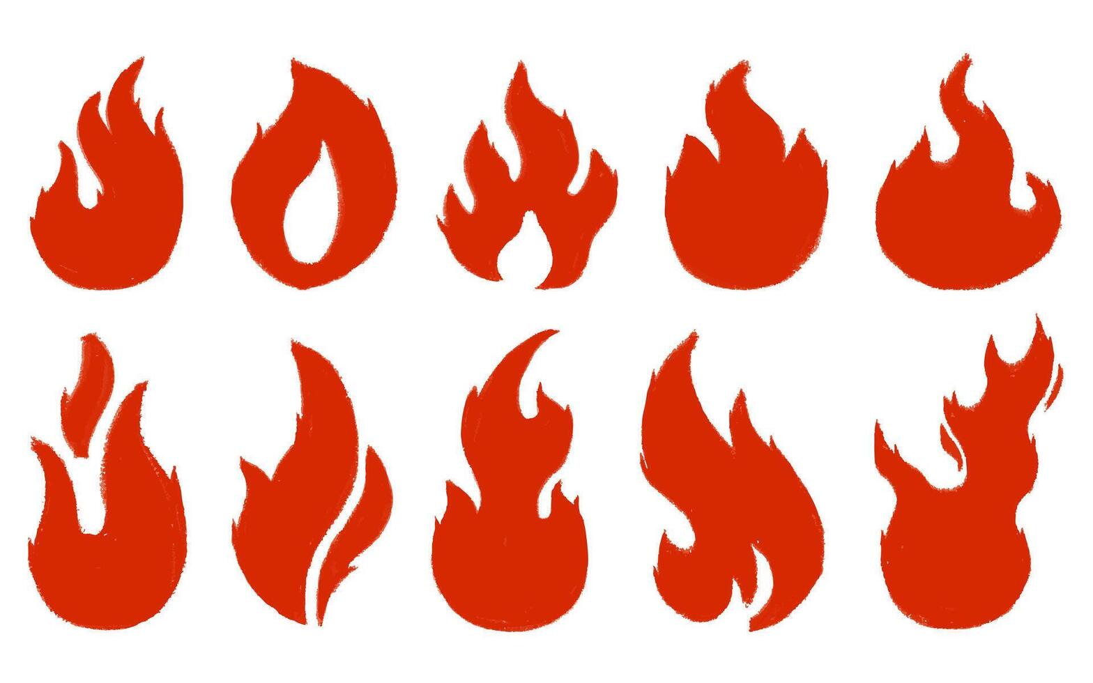 Hand-drawn fire flame icon set with a scribble and crayon texture vector