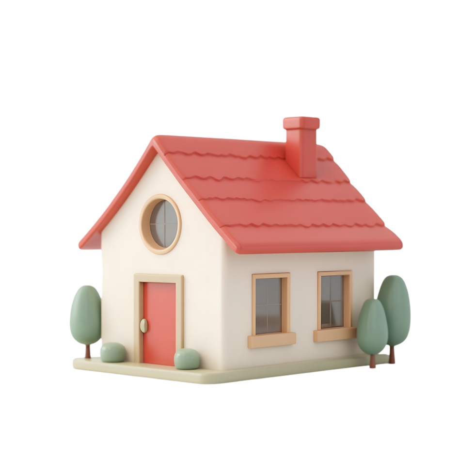 Charming 3D Cartoon House with Red Roof and Trees Illustration for Home Decor png