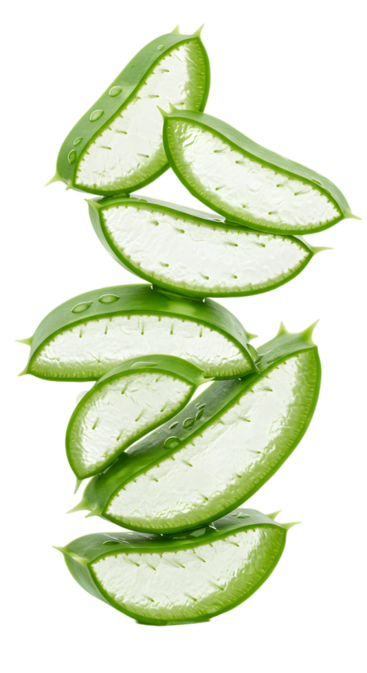Stack of Freshly Cut Aloe Vera Slices with Water Droplets on Transparent Backdrop png