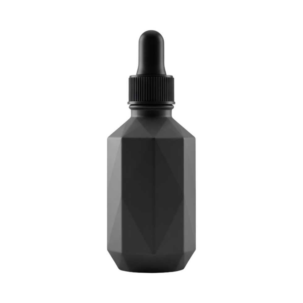 Elegant black dropper bottle with multifaceted design against transparent background png