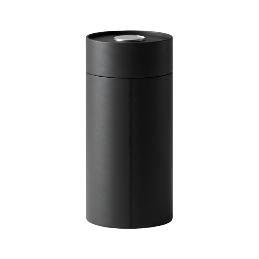 Elegant black cylindrical container with silver lid isolated on a transparent background png