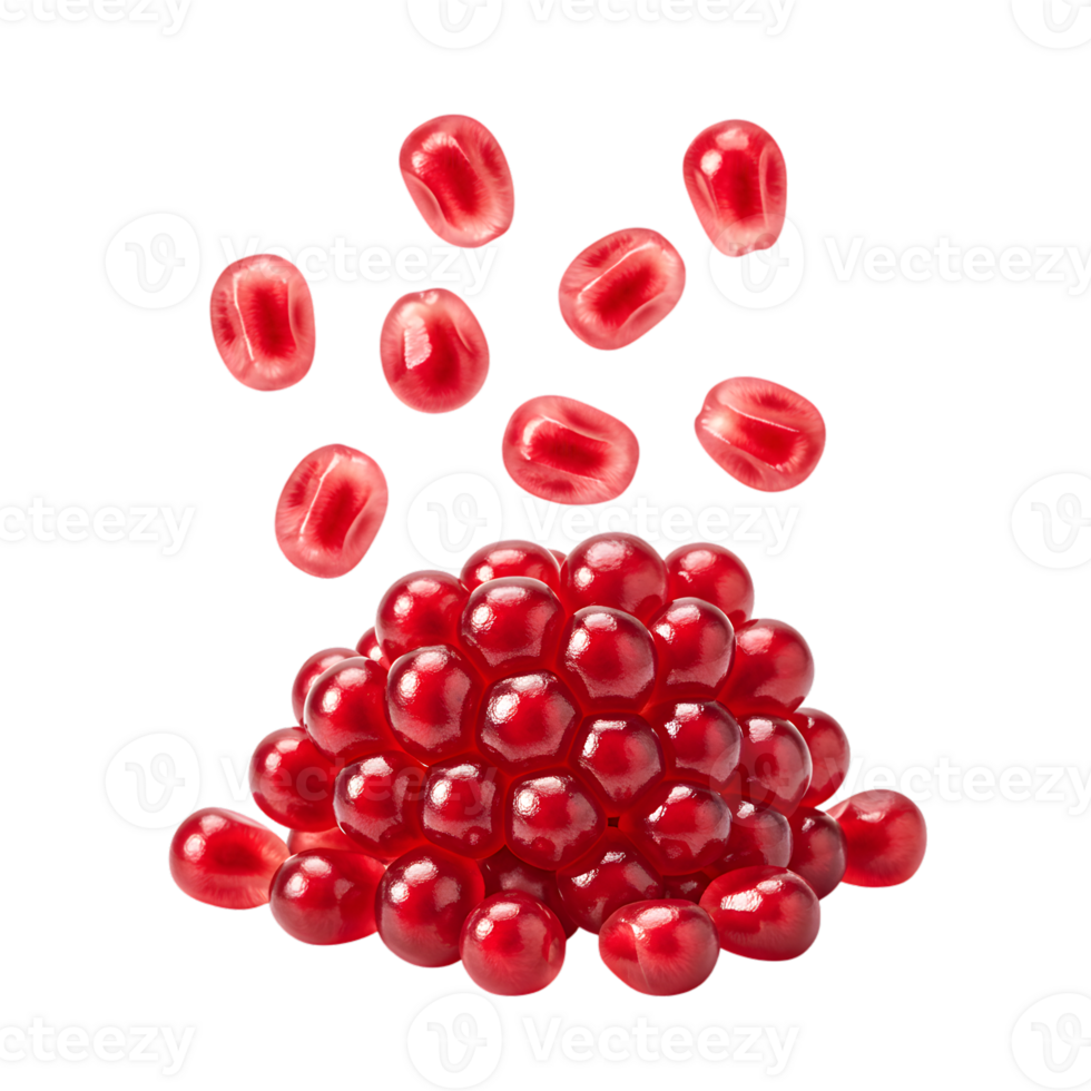Scattered pomegranate seeds on a transparent backdrop creating visual intrigue and depth png
