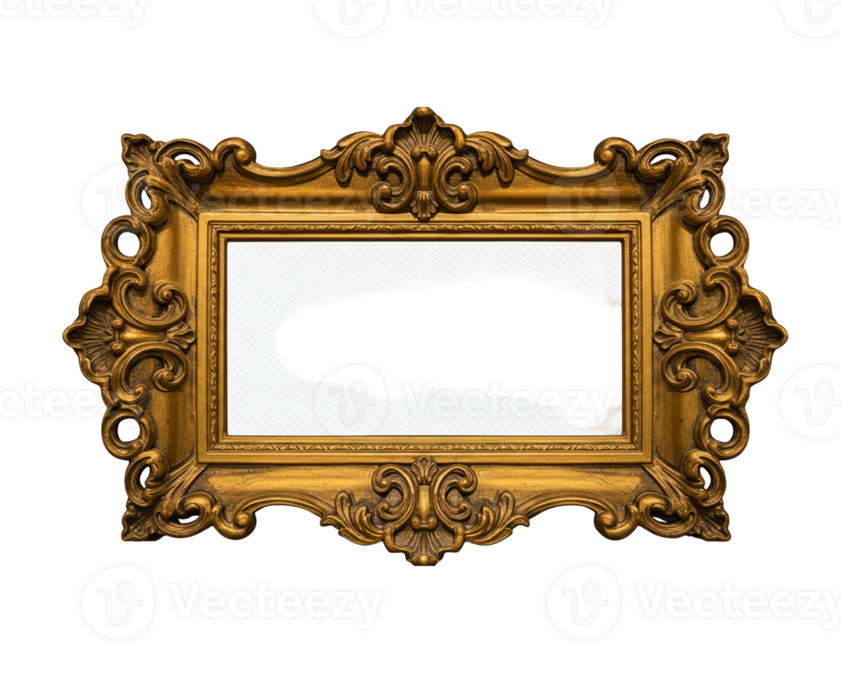 Golden ornate frame with a black void interior, ideal for design compositing png