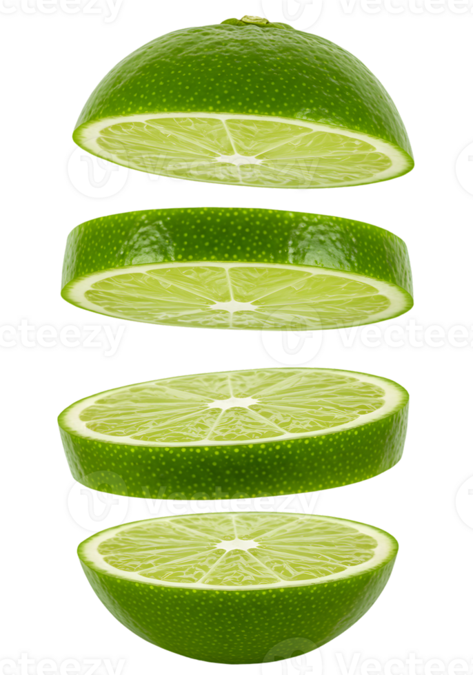 Artistic floating lime arrangement with vibrant green hues and transparent background showcasing png