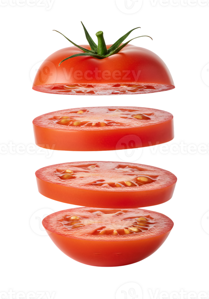 Deconstructed Tomato Composition Floating Against a Stark Background for Creative Use png