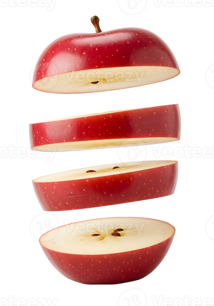 Deconstructed red apple in mid-air, showcasing vibrant layers on transparent stage is fresh png