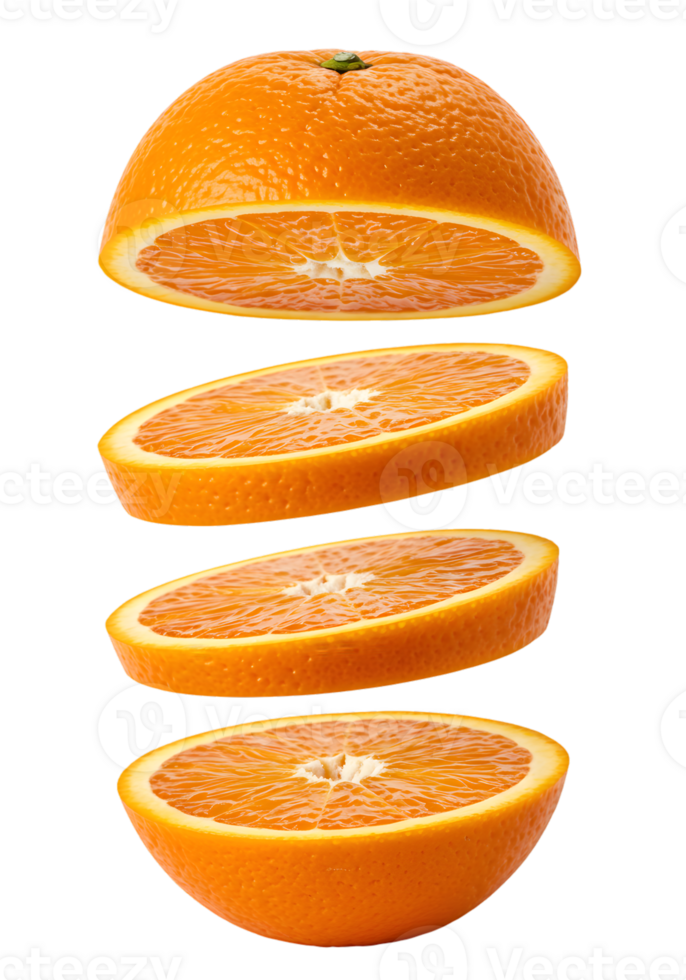 Floating orange slices create a visually dynamic and appetizing composition on a transparent png