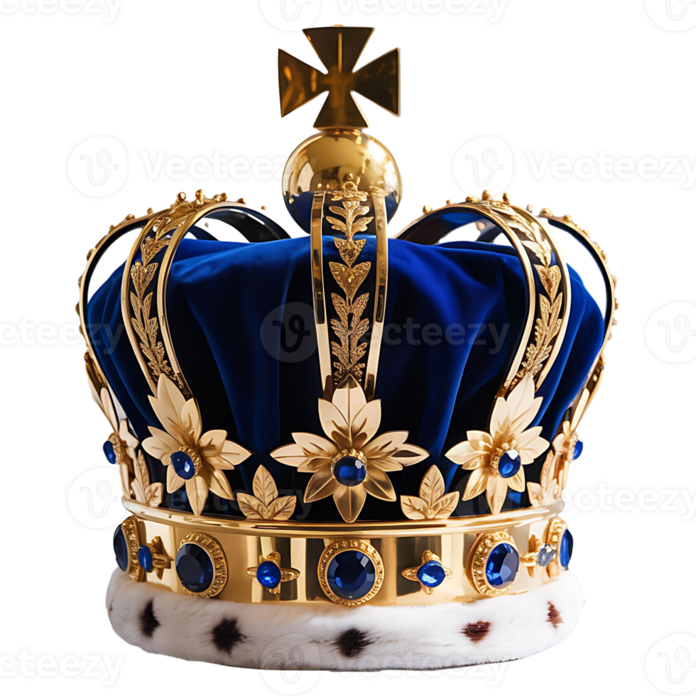 Royal Gold Crown with Blue Jewels Luxury 3D Illustration on Transparent Background png