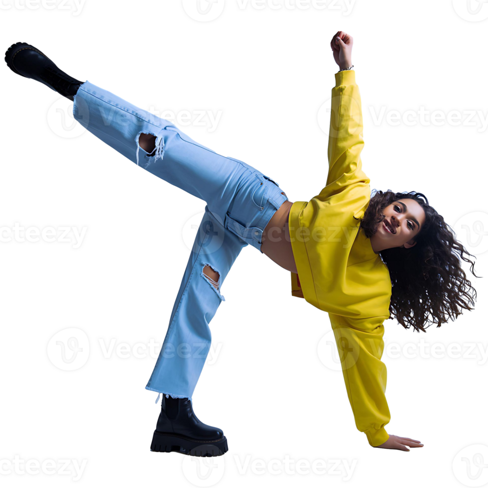 Modern Dance Pose in Studio Stylish Woman in Casual Outfit png