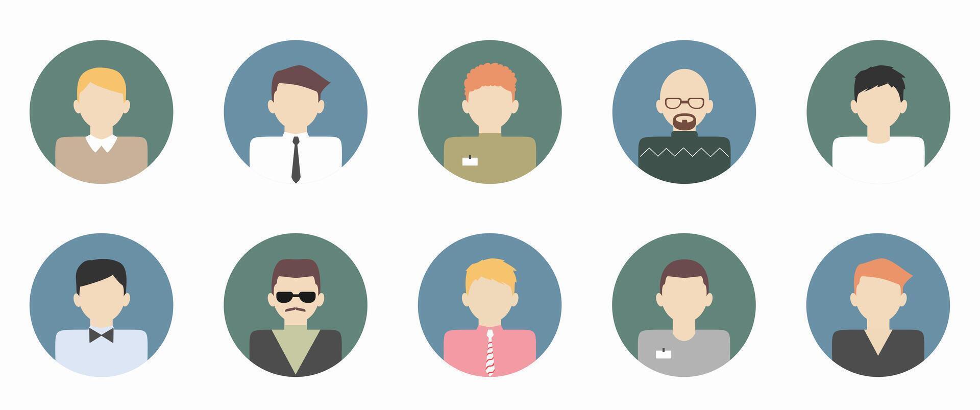 Set of 10 male avatar icons. Faceless profile pictures for social media, blogs, forums, anonymous group chats, or online work vector