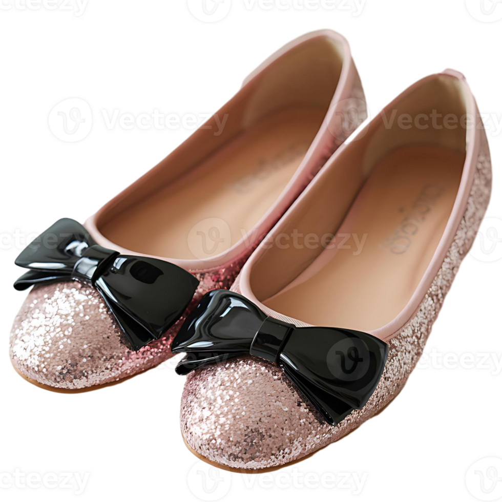 Stylish Pink Glitter Ballet Flats with Black Bow for Women png