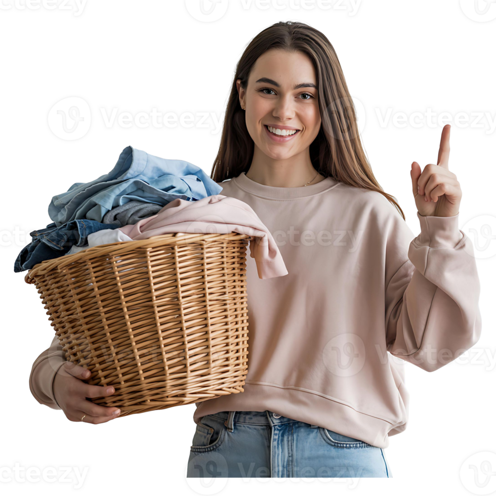 Portrait of Cheerful Woman with Laundry Basket Pointing with One Finger png