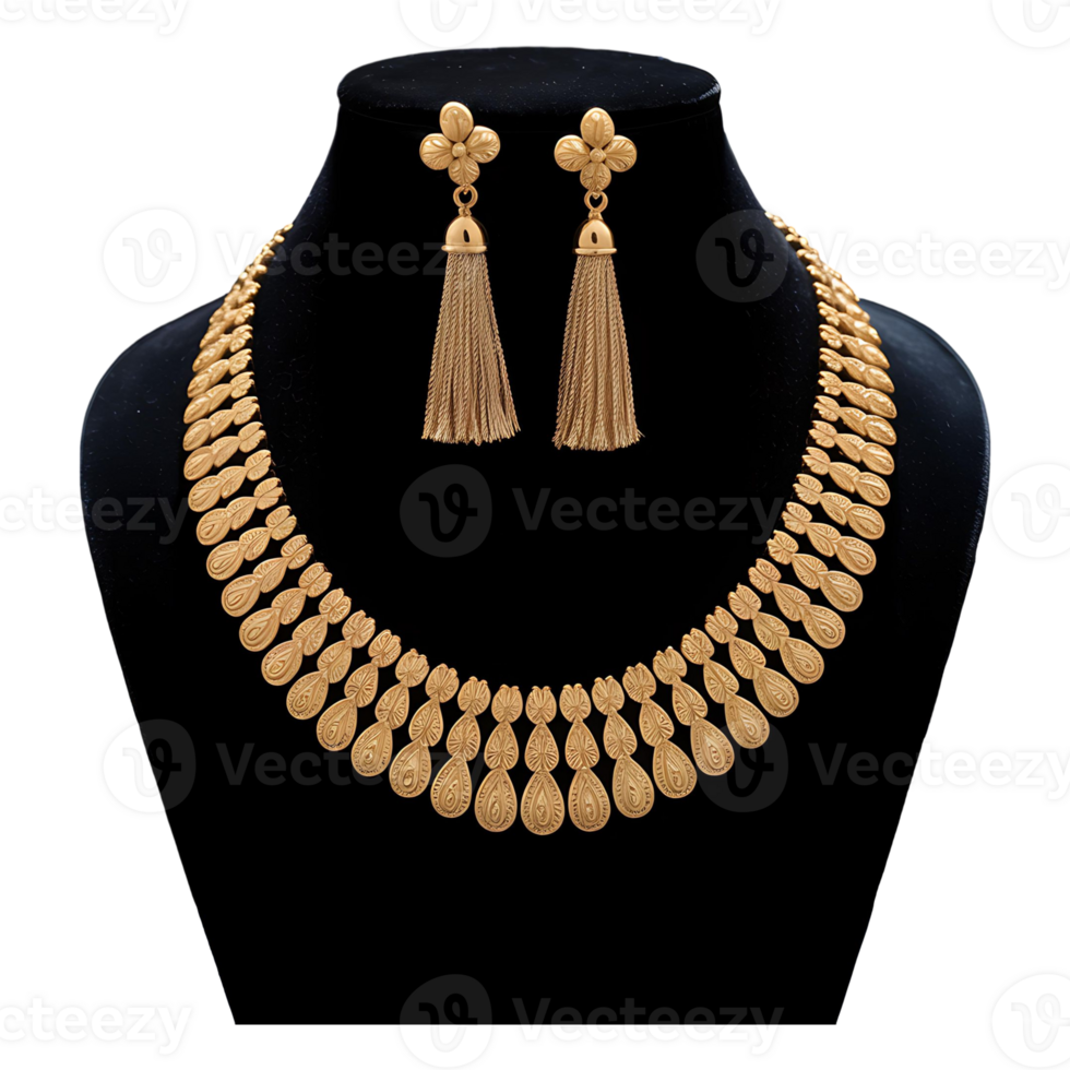 Heavy Gold Plated Necklace Set with Intricate Detailing for Weddings png