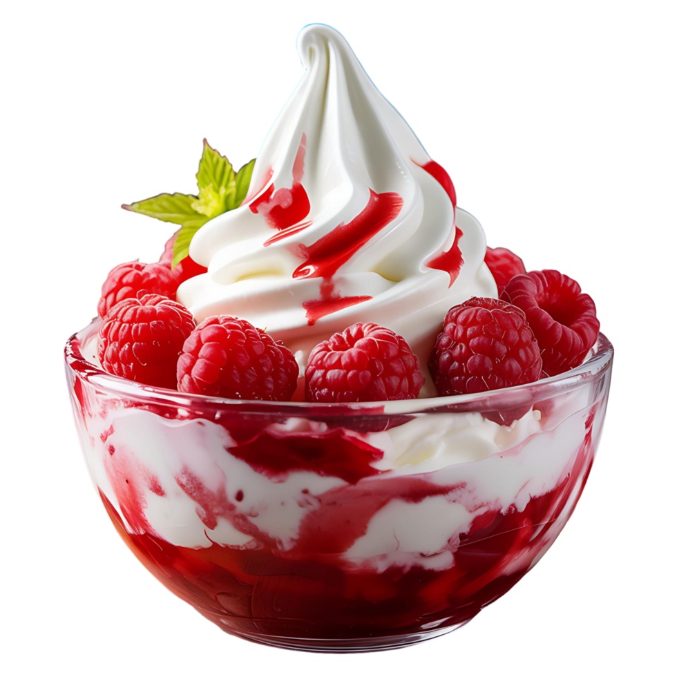 Fresh Raspberry Yogurt with Whipped Cream in White Bowl Transparent Background png