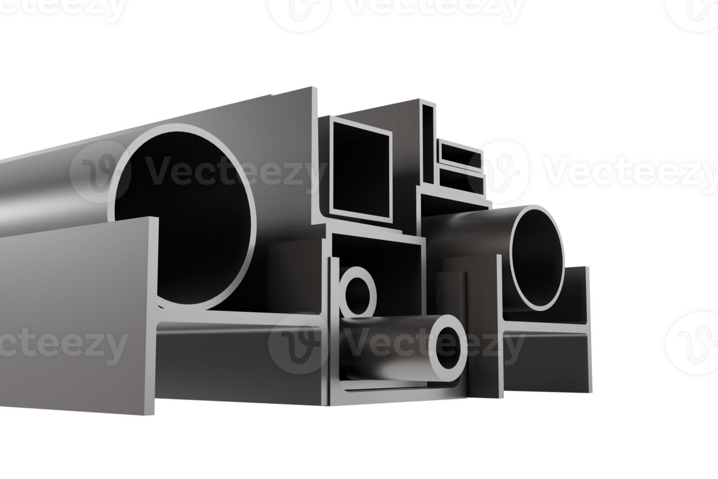 3d rendering of piles of industrial factory construction materials such as channels, pipes, h beams, angels and hollow png
