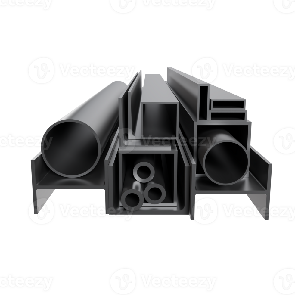 3d rendering of piles of industrial factory construction materials such as channels, pipes, h beams, and hollow iron png