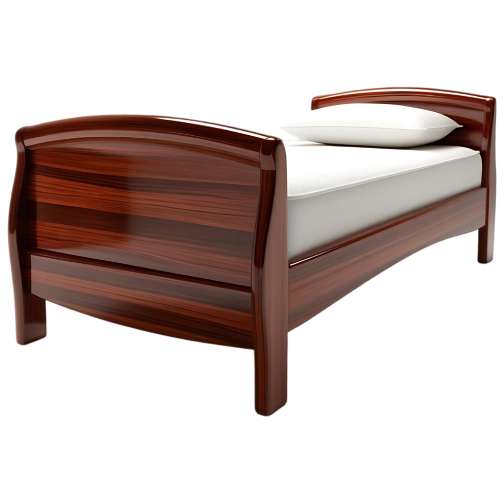 Polished Wooden Single Bed with White Mattress and Pillows png