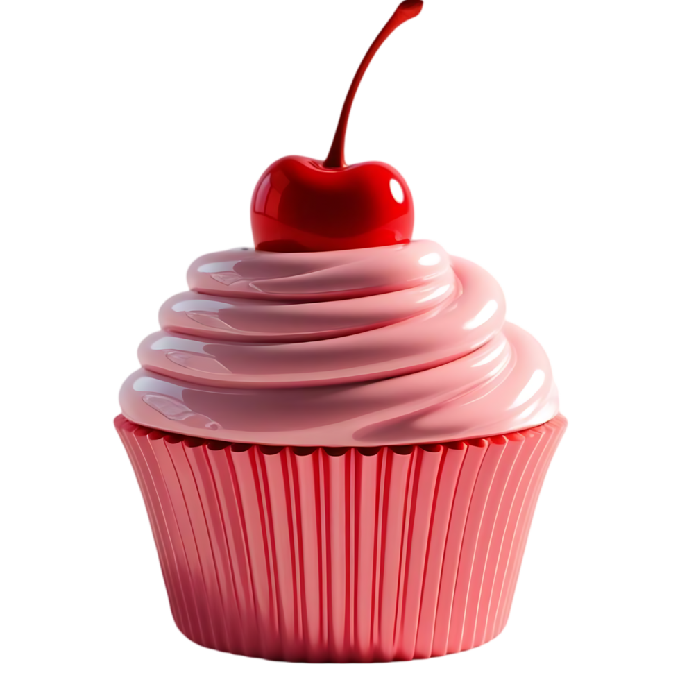 Pink Frosted Cupcake with Cherry in Red Textured Wrapper png